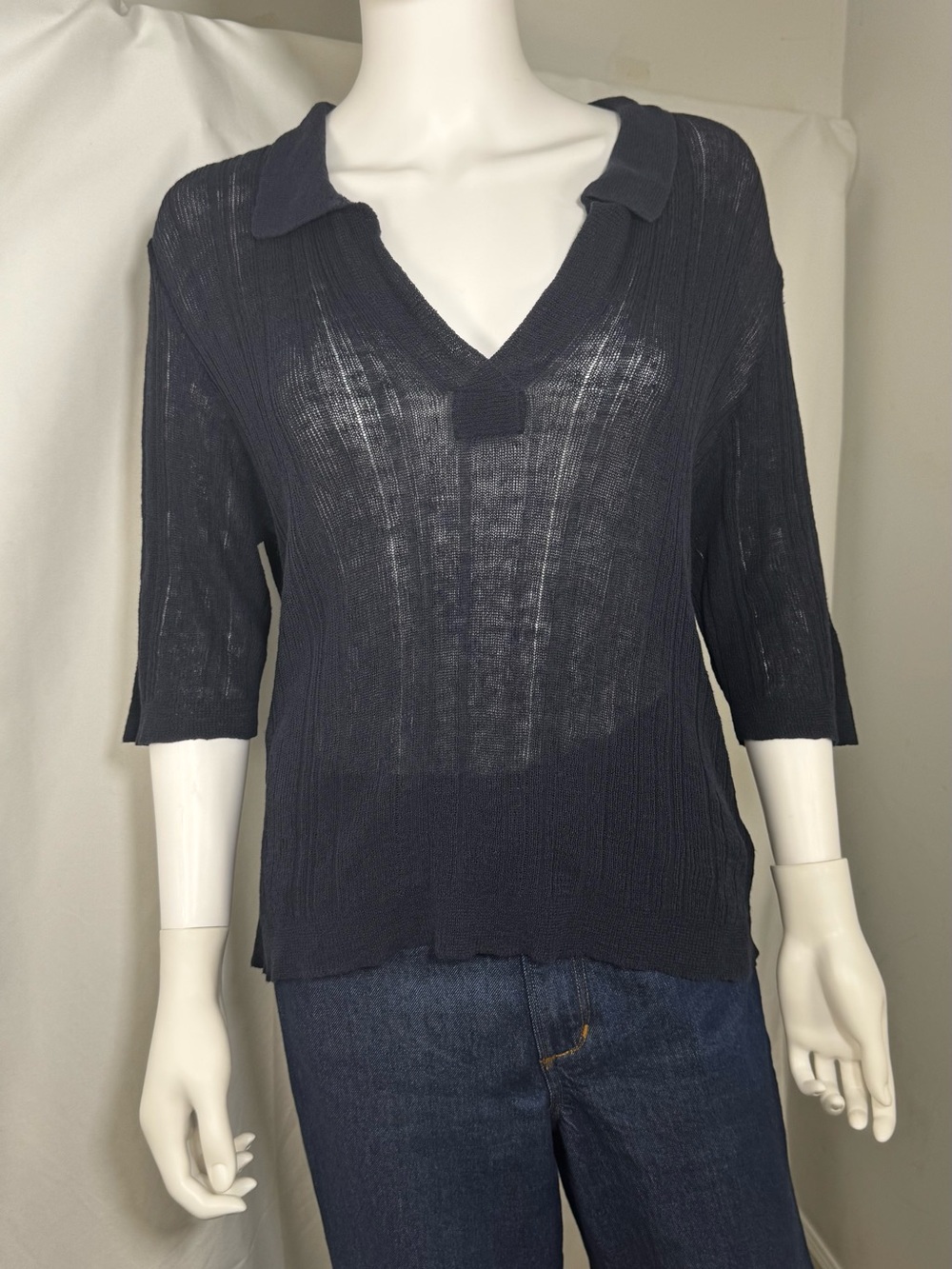 MJ Watson Italy Linen Cotton Sheer Knit Polo Top Navy Blue Size S / M